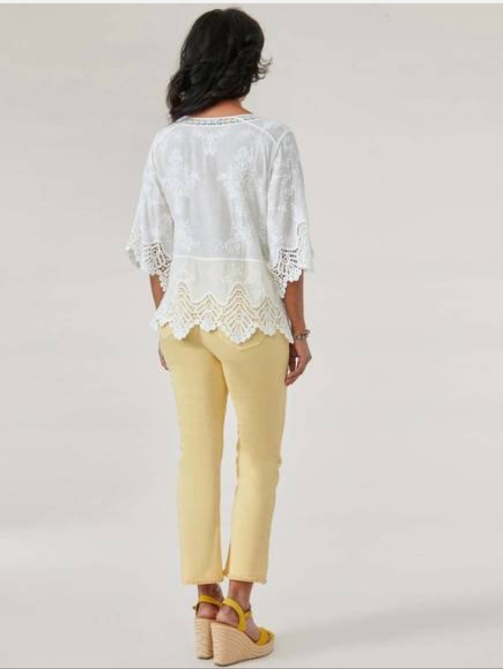 Democracy White Embroidered Crochet Lace-Trim V-neck 3/4 Sleeve Cotton Top XLg - Picture 2 of 9